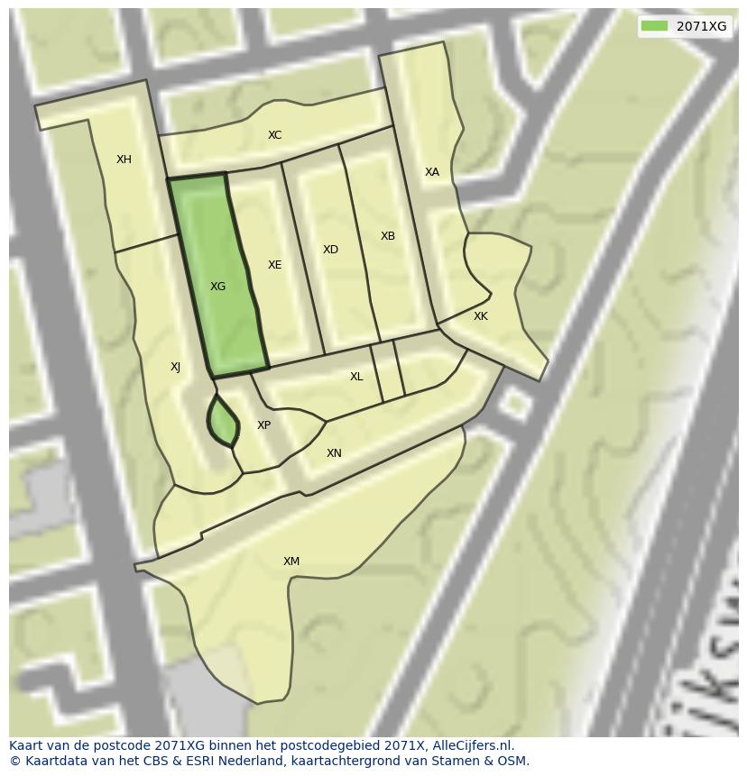 Afbeelding van het postcodegebied 2071 XG op de kaart.