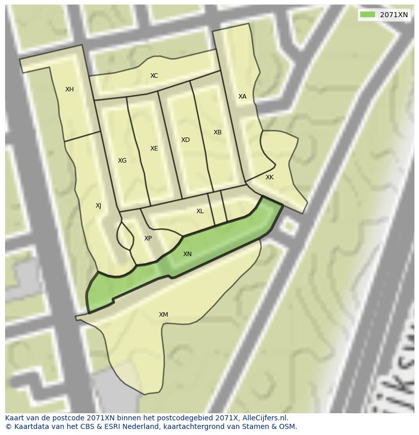 Afbeelding van het postcodegebied 2071 XN op de kaart.