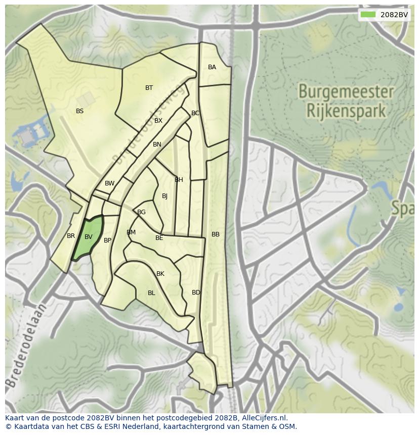Afbeelding van het postcodegebied 2082 BV op de kaart.
