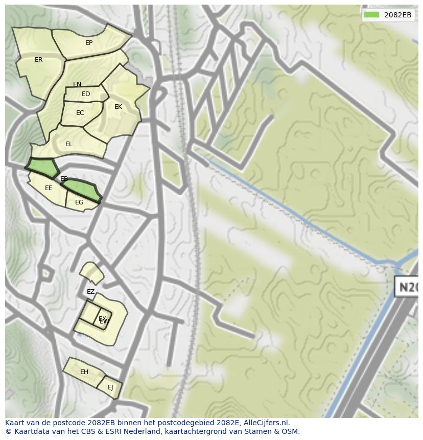 Afbeelding van het postcodegebied 2082 EB op de kaart.