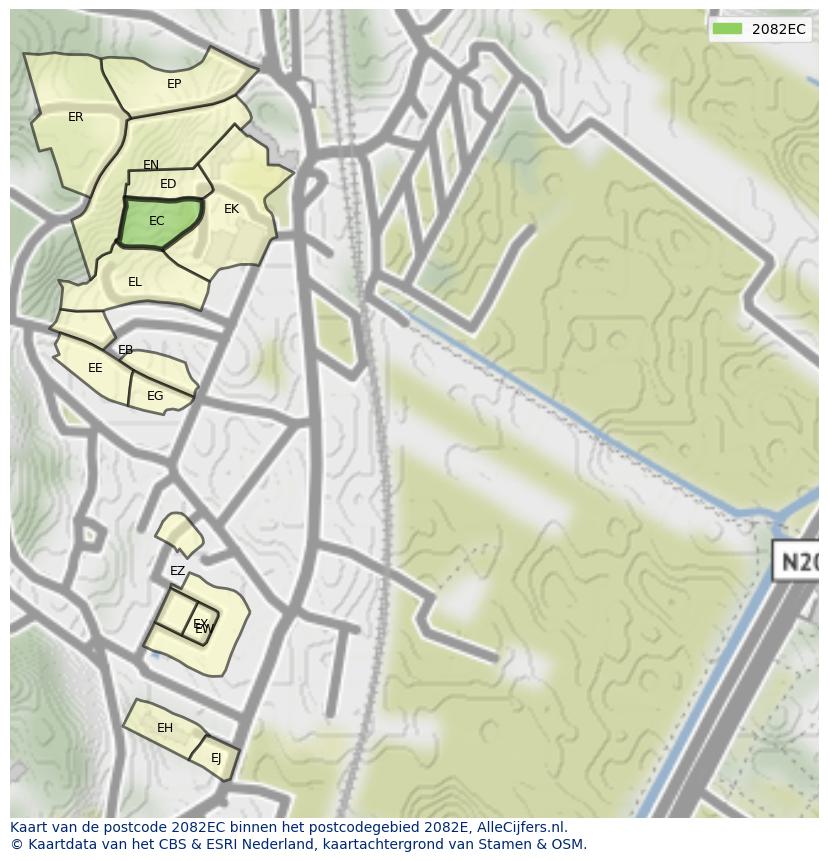 Afbeelding van het postcodegebied 2082 EC op de kaart.