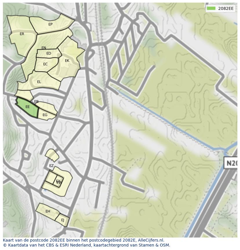 Afbeelding van het postcodegebied 2082 EE op de kaart.