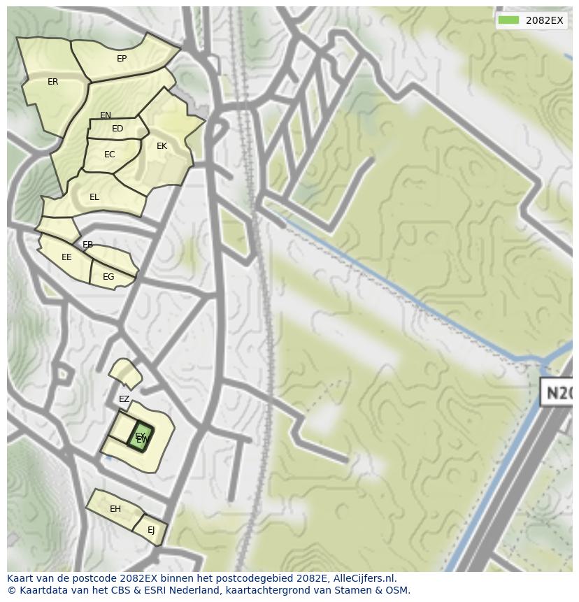 Afbeelding van het postcodegebied 2082 EX op de kaart.