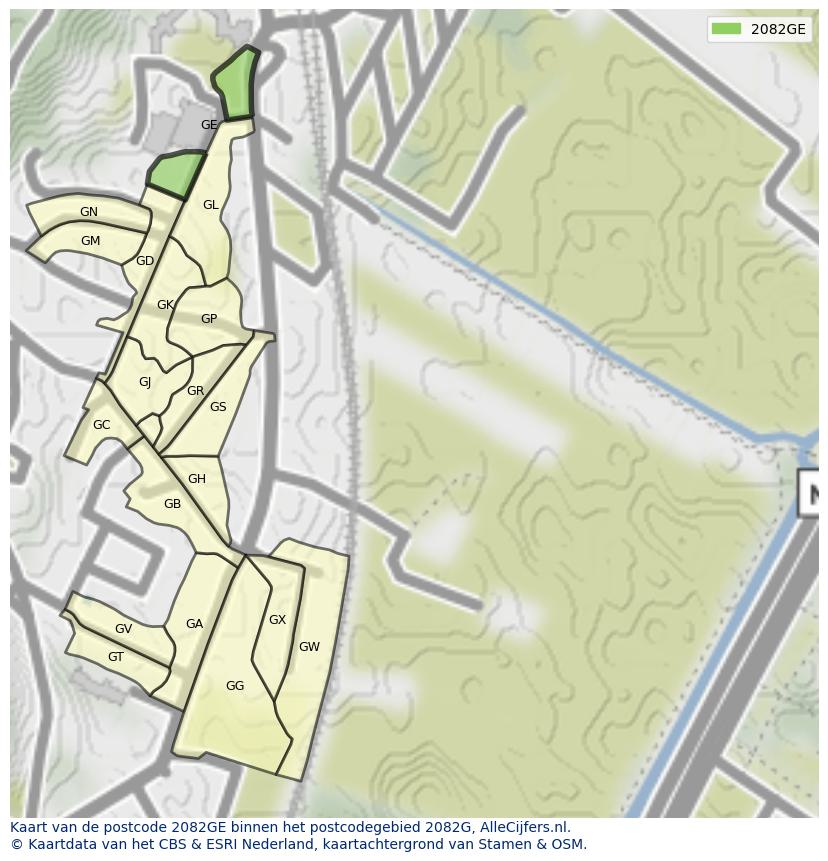 Afbeelding van het postcodegebied 2082 GE op de kaart.