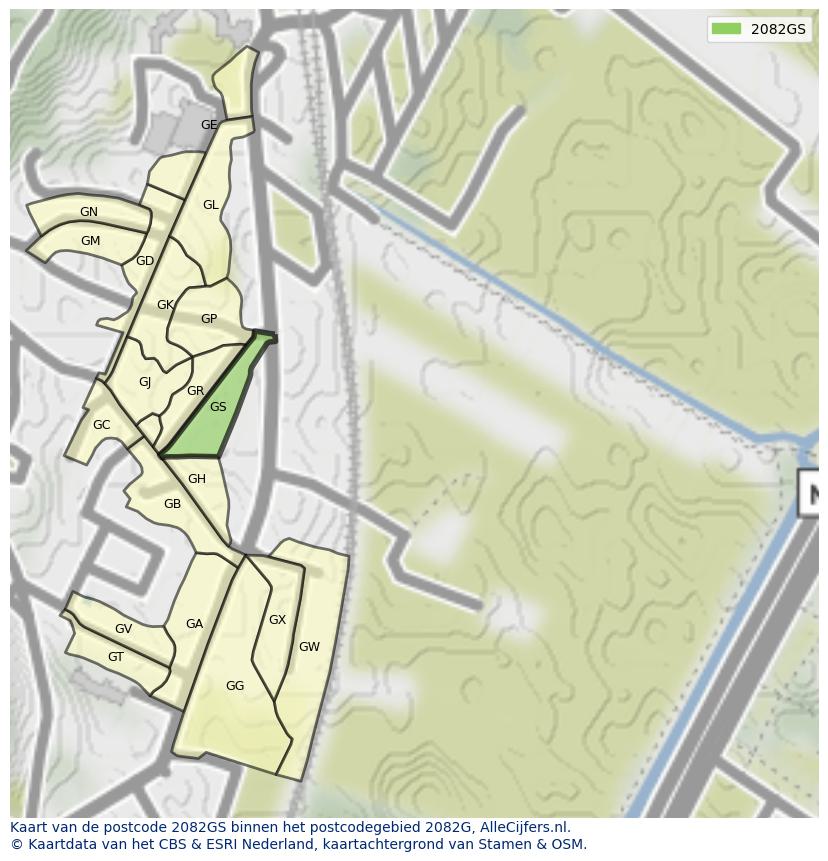 Afbeelding van het postcodegebied 2082 GS op de kaart.