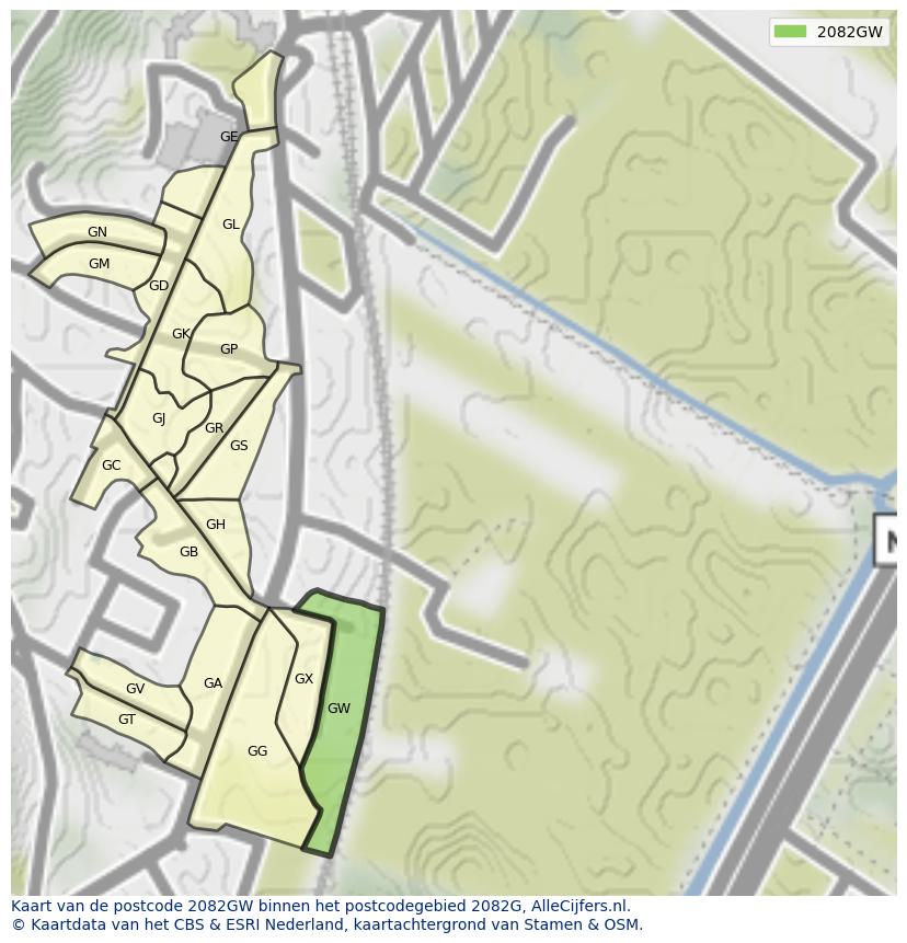 Afbeelding van het postcodegebied 2082 GW op de kaart.