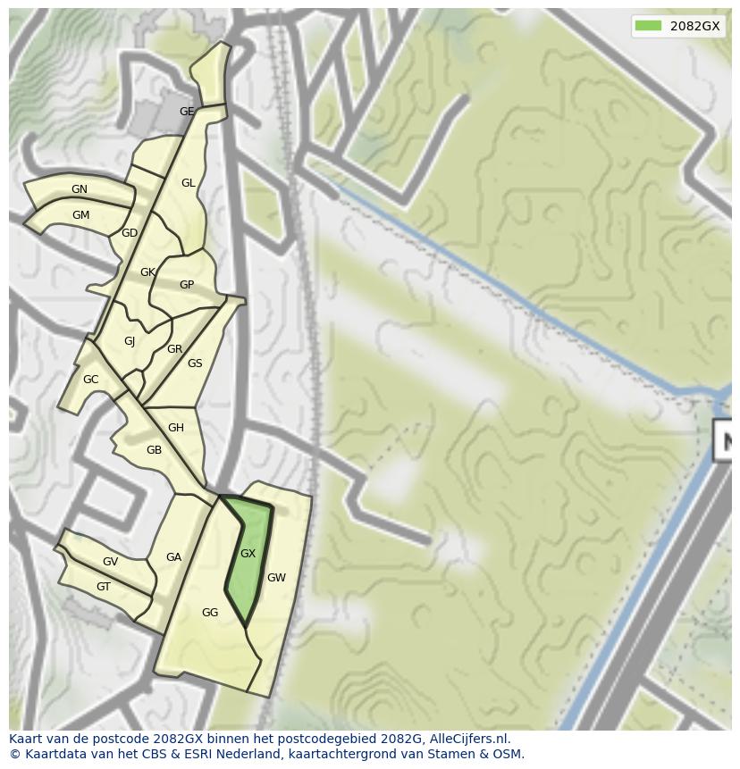 Afbeelding van het postcodegebied 2082 GX op de kaart.
