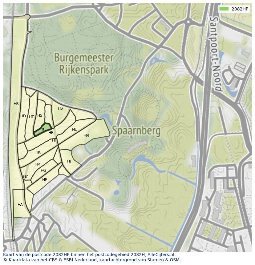 Afbeelding van het postcodegebied 2082 HP op de kaart.