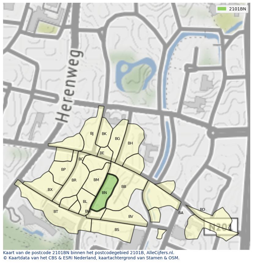 Afbeelding van het postcodegebied 2101 BN op de kaart.