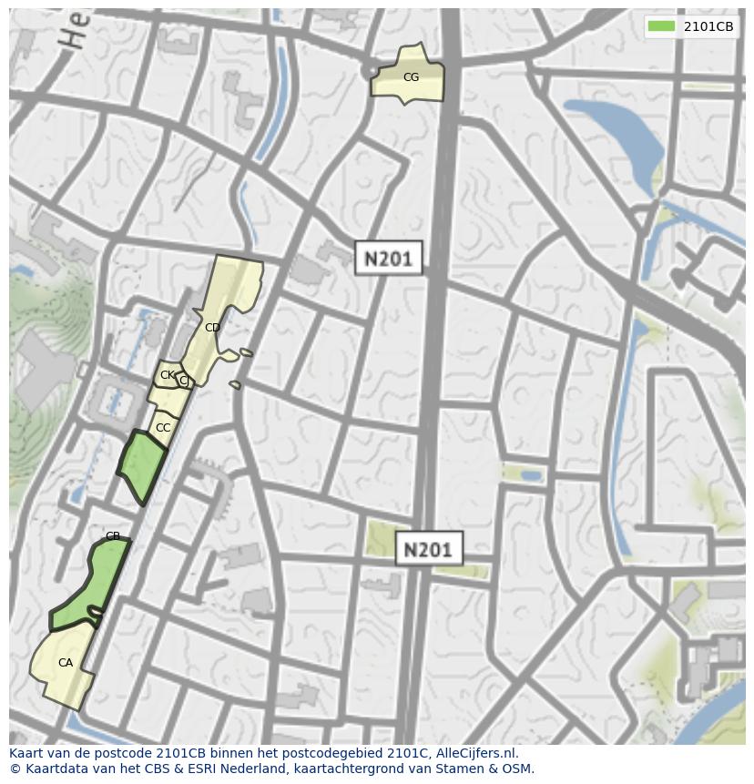 Afbeelding van het postcodegebied 2101 CB op de kaart.