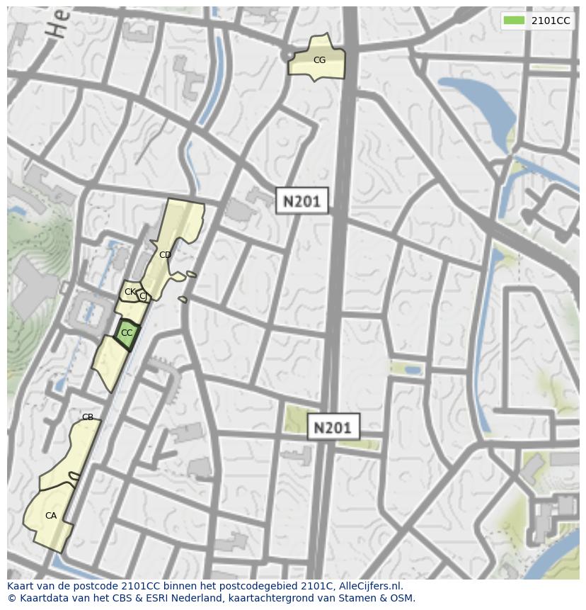 Afbeelding van het postcodegebied 2101 CC op de kaart.