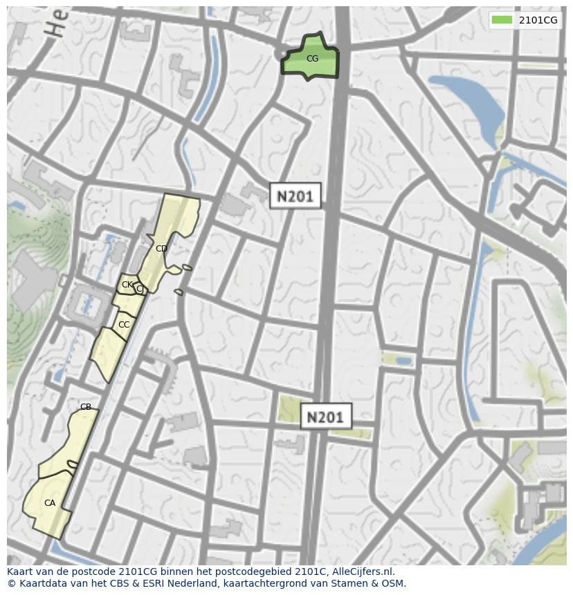 Afbeelding van het postcodegebied 2101 CG op de kaart.