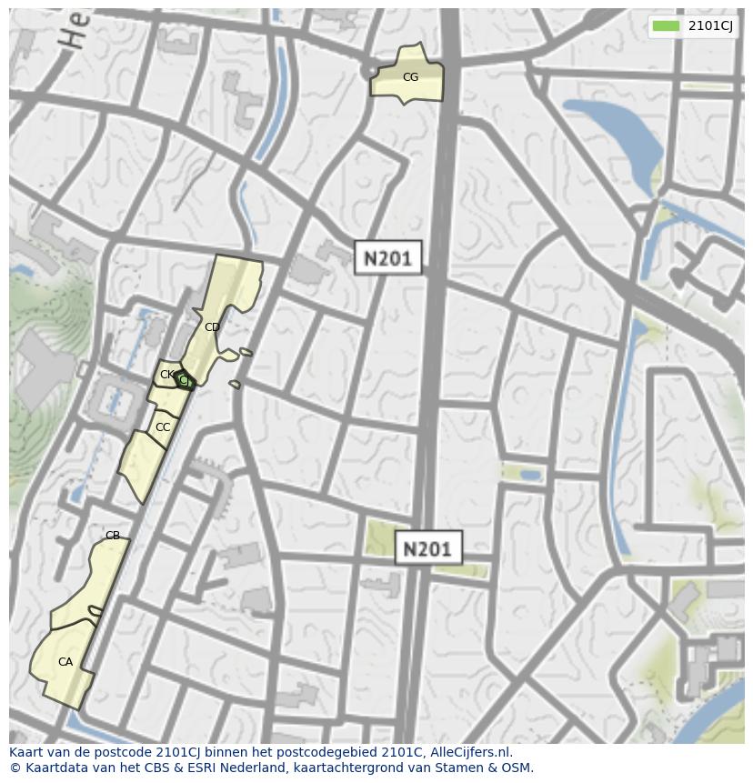 Afbeelding van het postcodegebied 2101 CJ op de kaart.