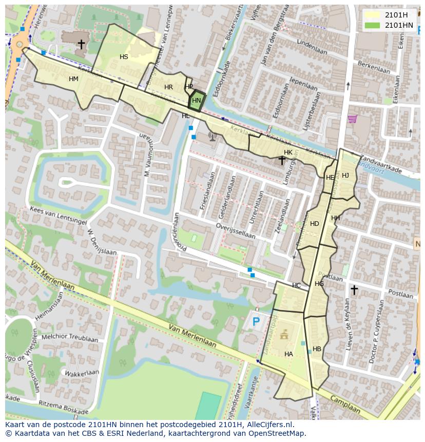 Afbeelding van het postcodegebied 2101 HN op de kaart.