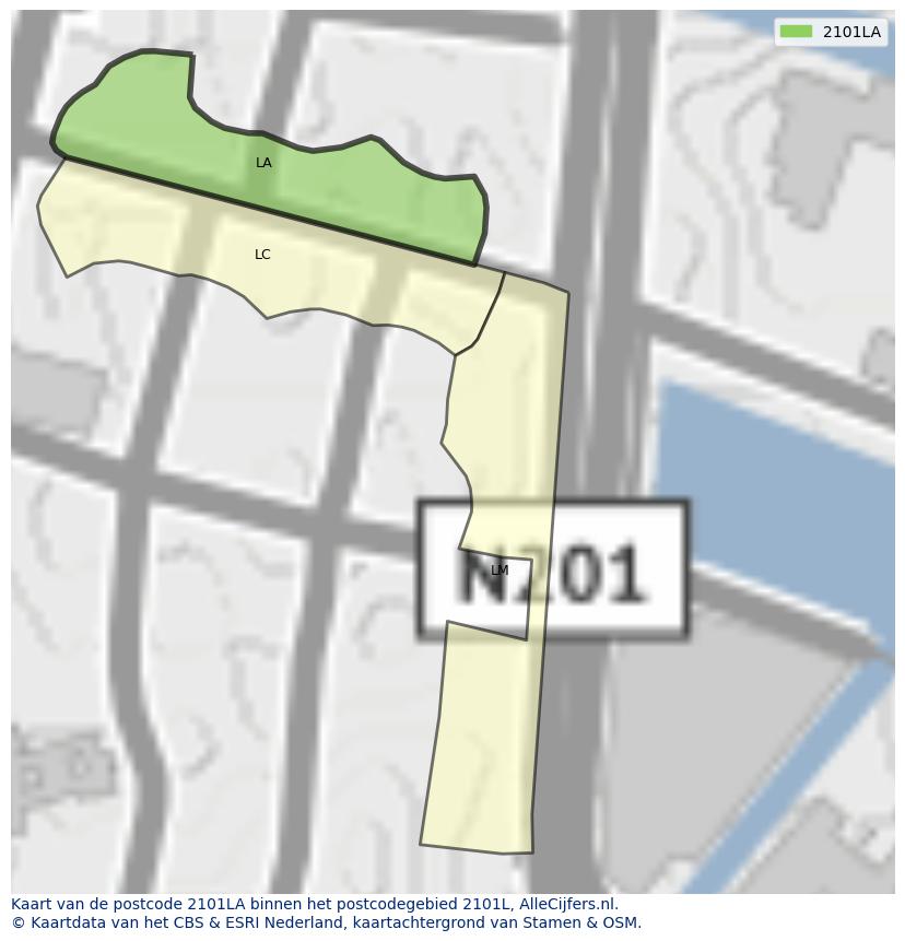 Afbeelding van het postcodegebied 2101 LA op de kaart.
