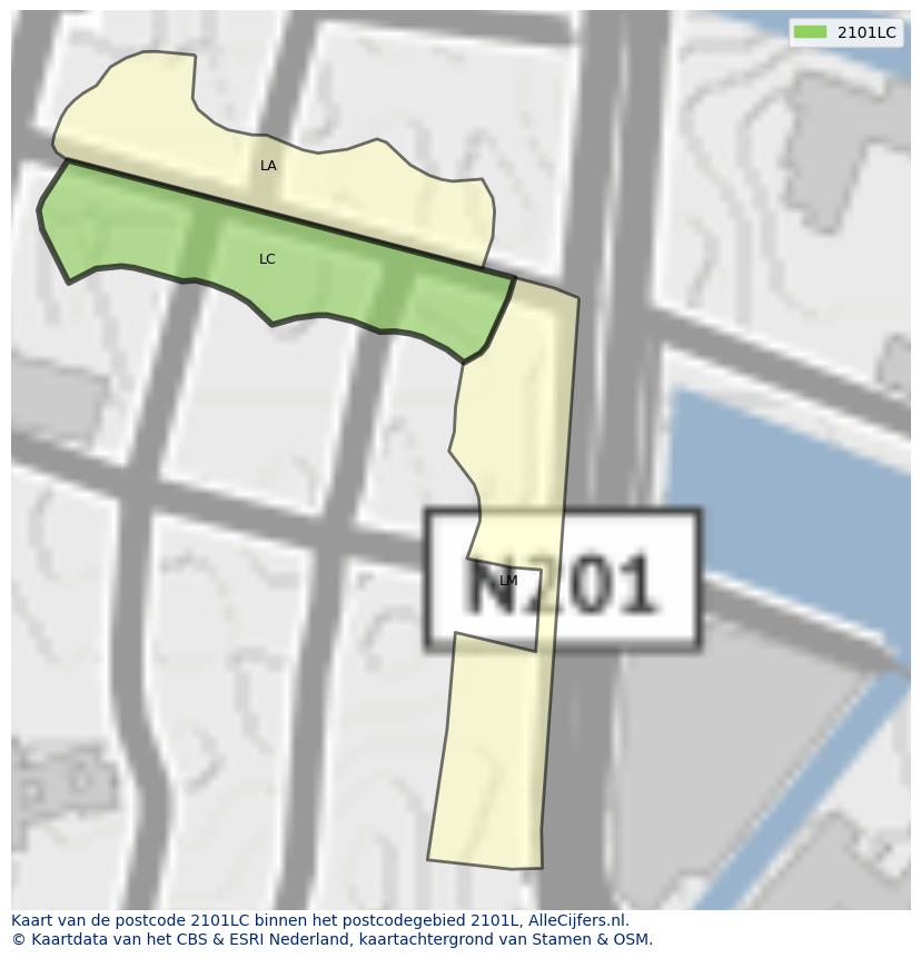 Afbeelding van het postcodegebied 2101 LC op de kaart.