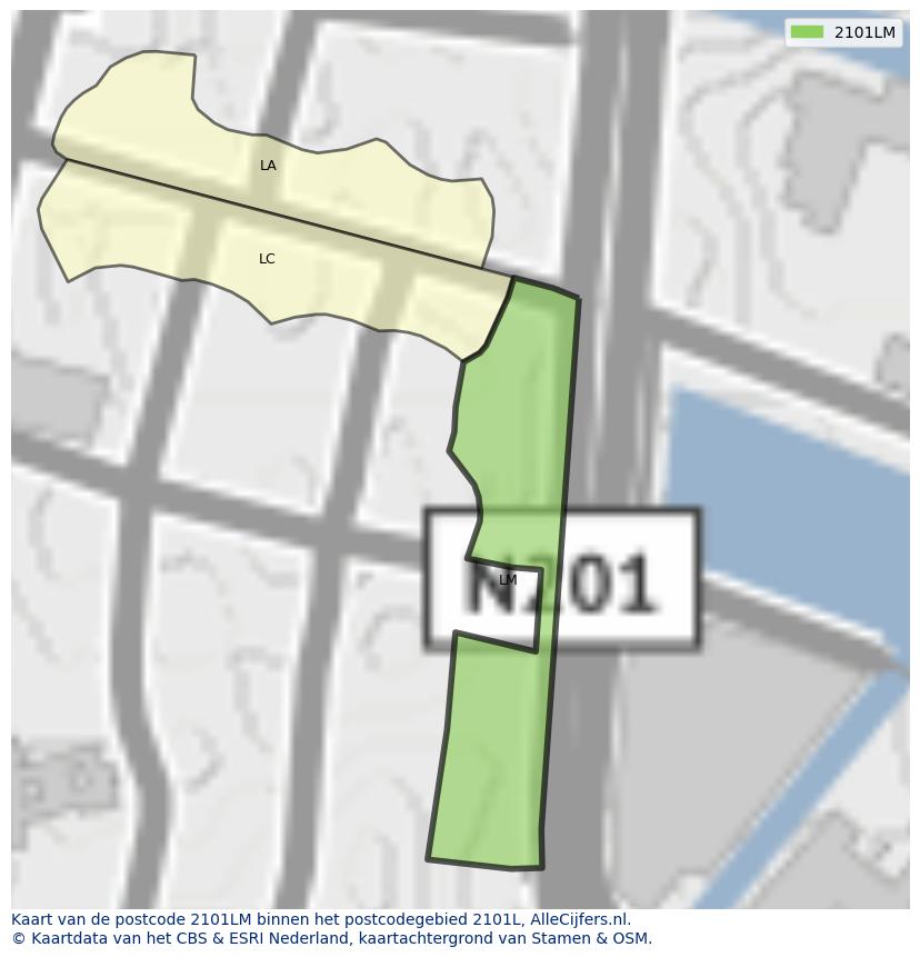 Afbeelding van het postcodegebied 2101 LM op de kaart.