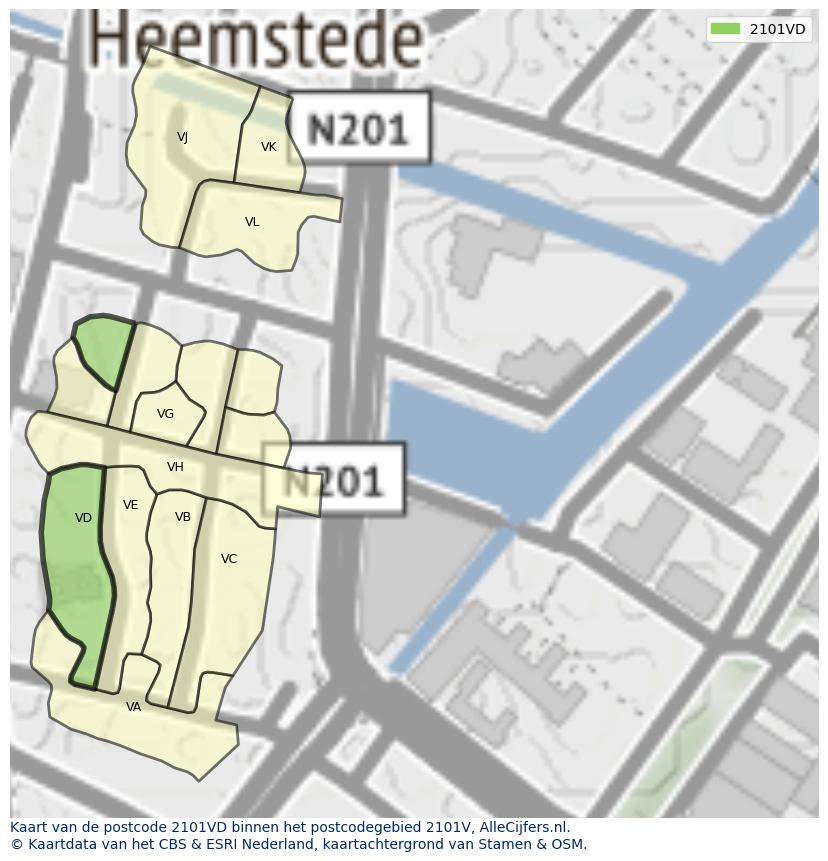 Afbeelding van het postcodegebied 2101 VD op de kaart.