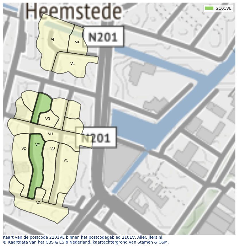 Afbeelding van het postcodegebied 2101 VE op de kaart.