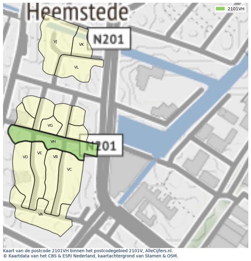 Afbeelding van het postcodegebied 2101 VH op de kaart.