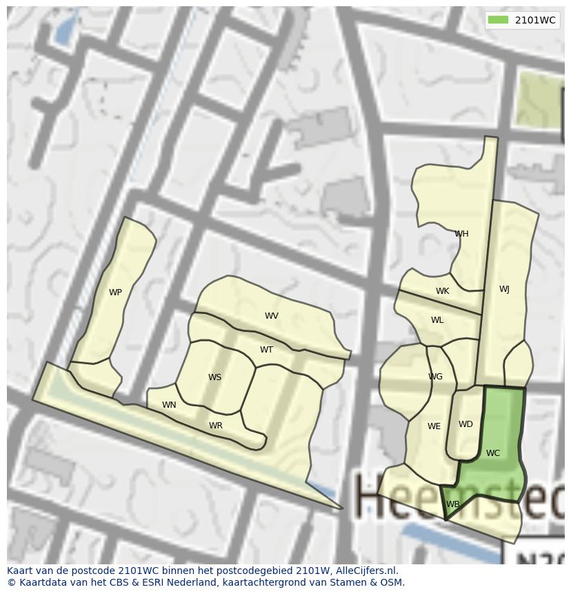 Afbeelding van het postcodegebied 2101 WC op de kaart.