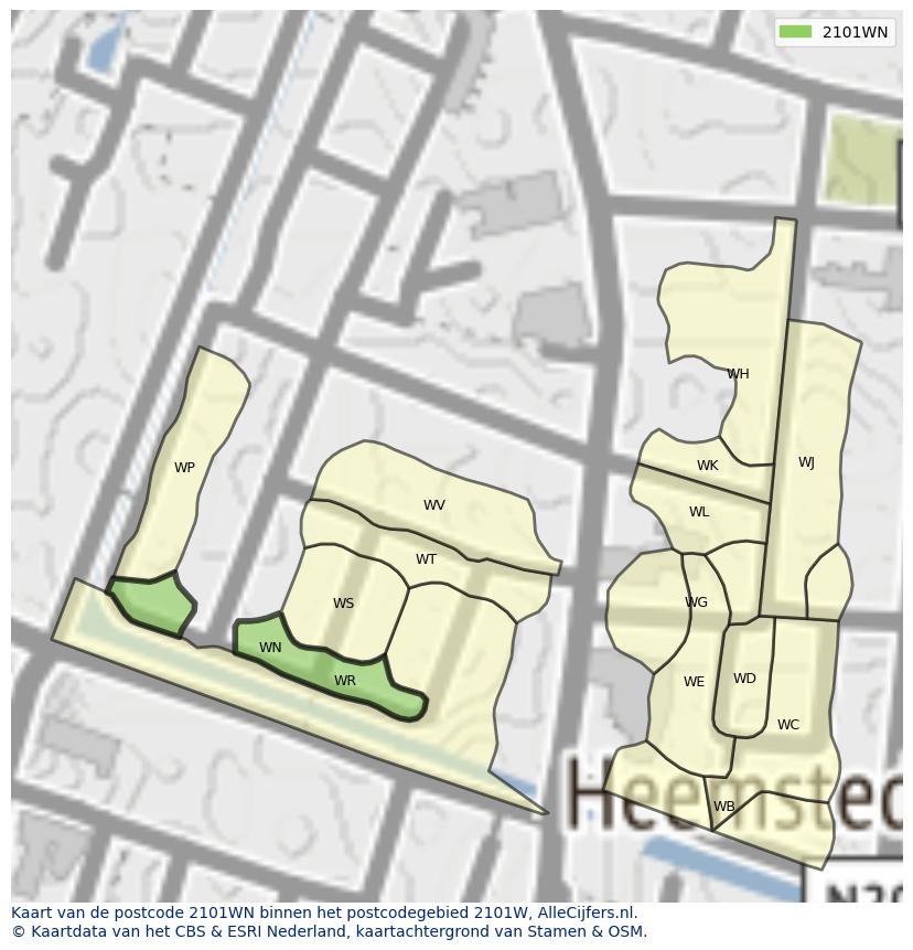 Afbeelding van het postcodegebied 2101 WN op de kaart.