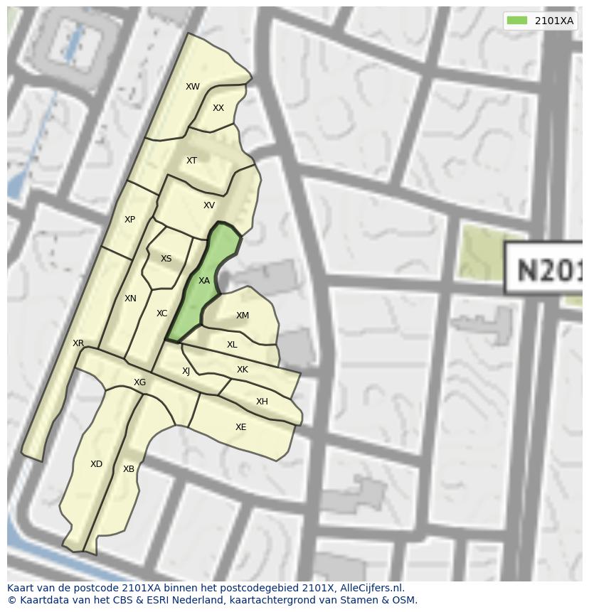 Afbeelding van het postcodegebied 2101 XA op de kaart.