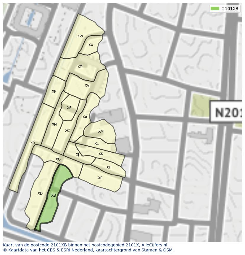 Afbeelding van het postcodegebied 2101 XB op de kaart.