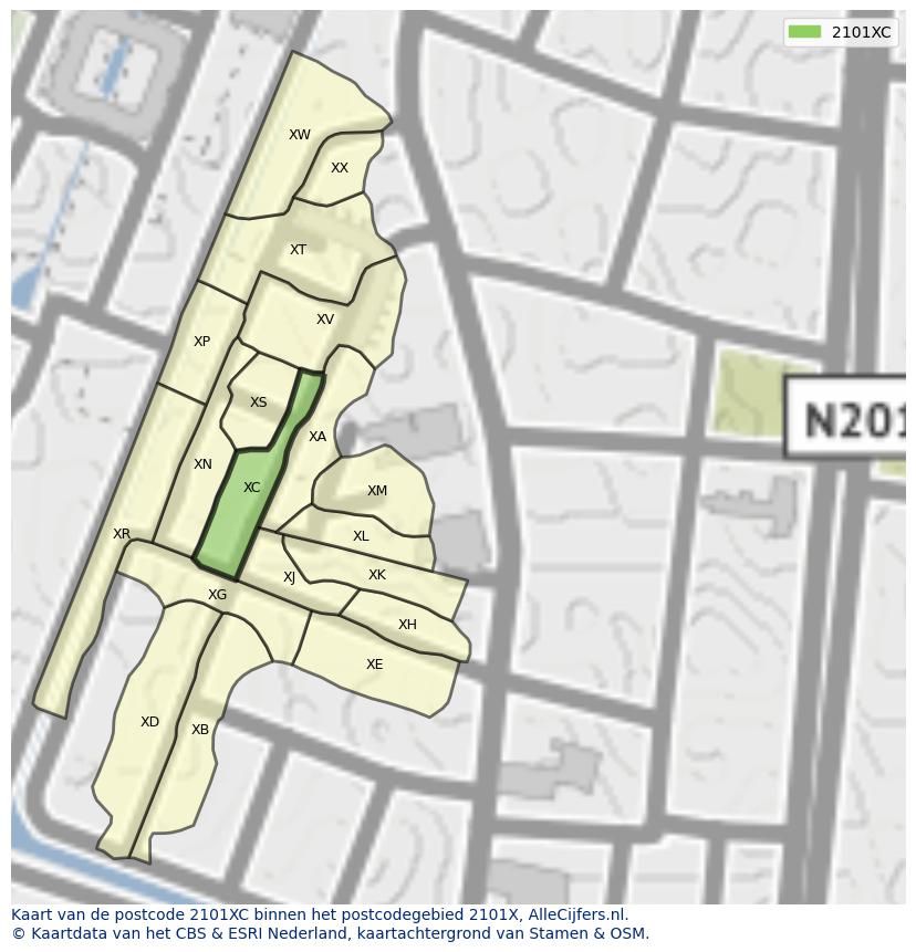 Afbeelding van het postcodegebied 2101 XC op de kaart.