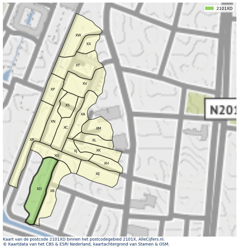 Afbeelding van het postcodegebied 2101 XD op de kaart.