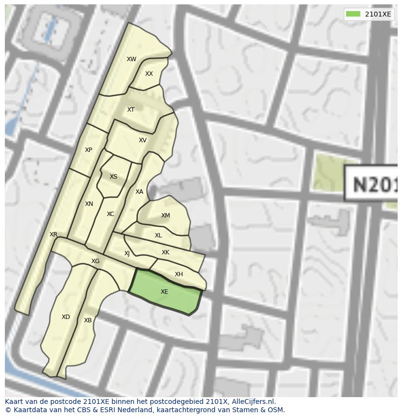 Afbeelding van het postcodegebied 2101 XE op de kaart.