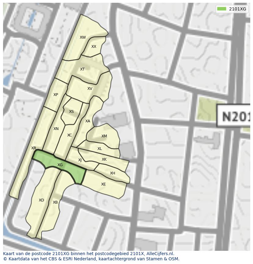 Afbeelding van het postcodegebied 2101 XG op de kaart.