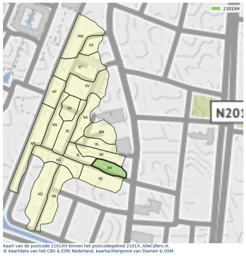 Afbeelding van het postcodegebied 2101 XH op de kaart.