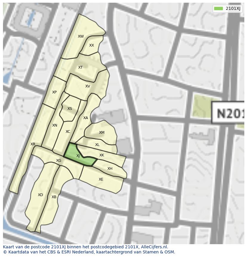 Afbeelding van het postcodegebied 2101 XJ op de kaart.