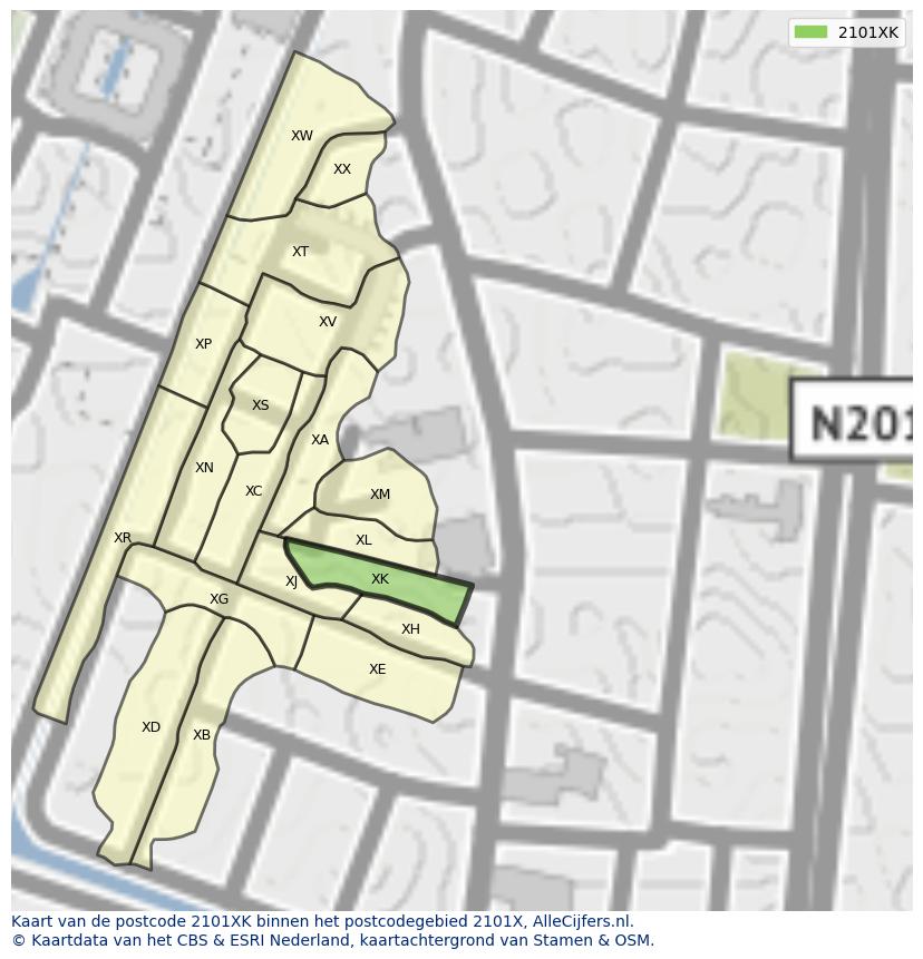 Afbeelding van het postcodegebied 2101 XK op de kaart.