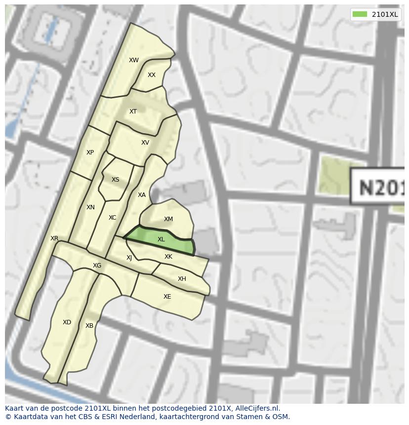 Afbeelding van het postcodegebied 2101 XL op de kaart.