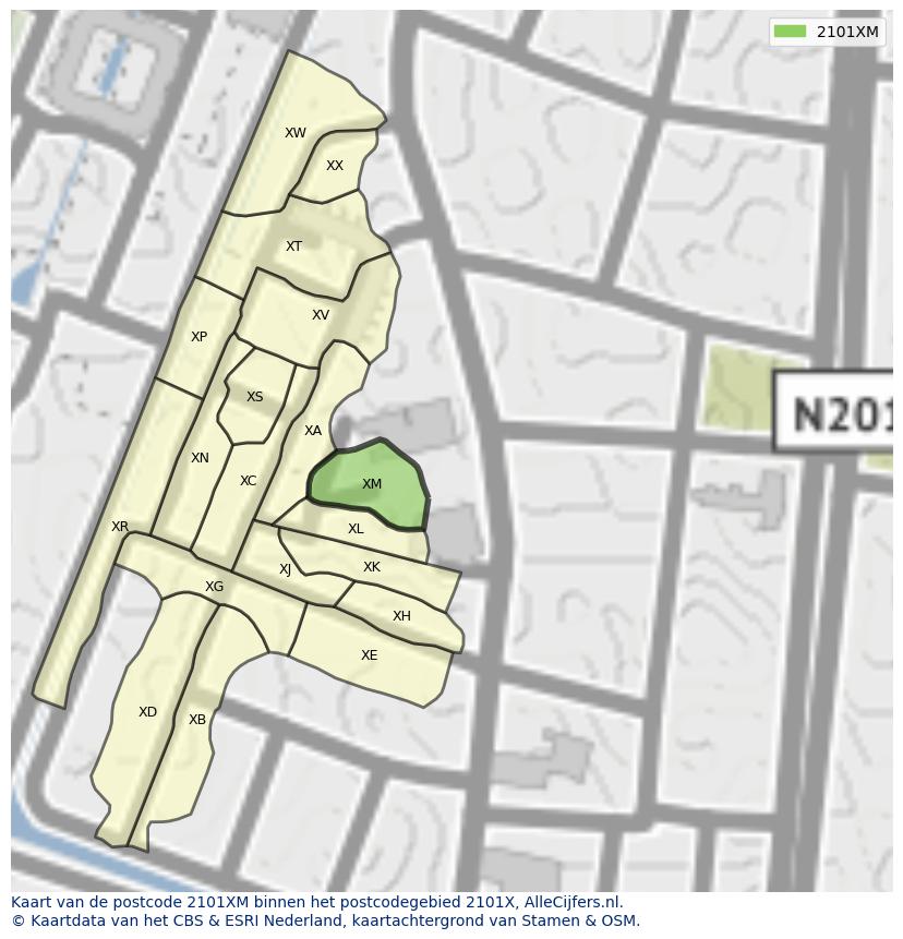 Afbeelding van het postcodegebied 2101 XM op de kaart.