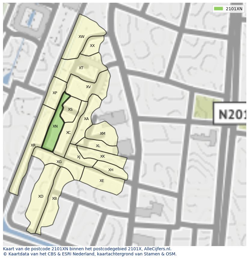 Afbeelding van het postcodegebied 2101 XN op de kaart.