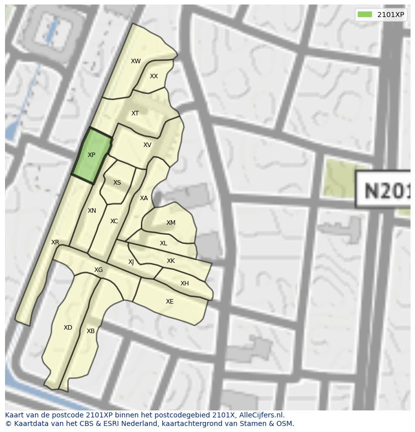 Afbeelding van het postcodegebied 2101 XP op de kaart.