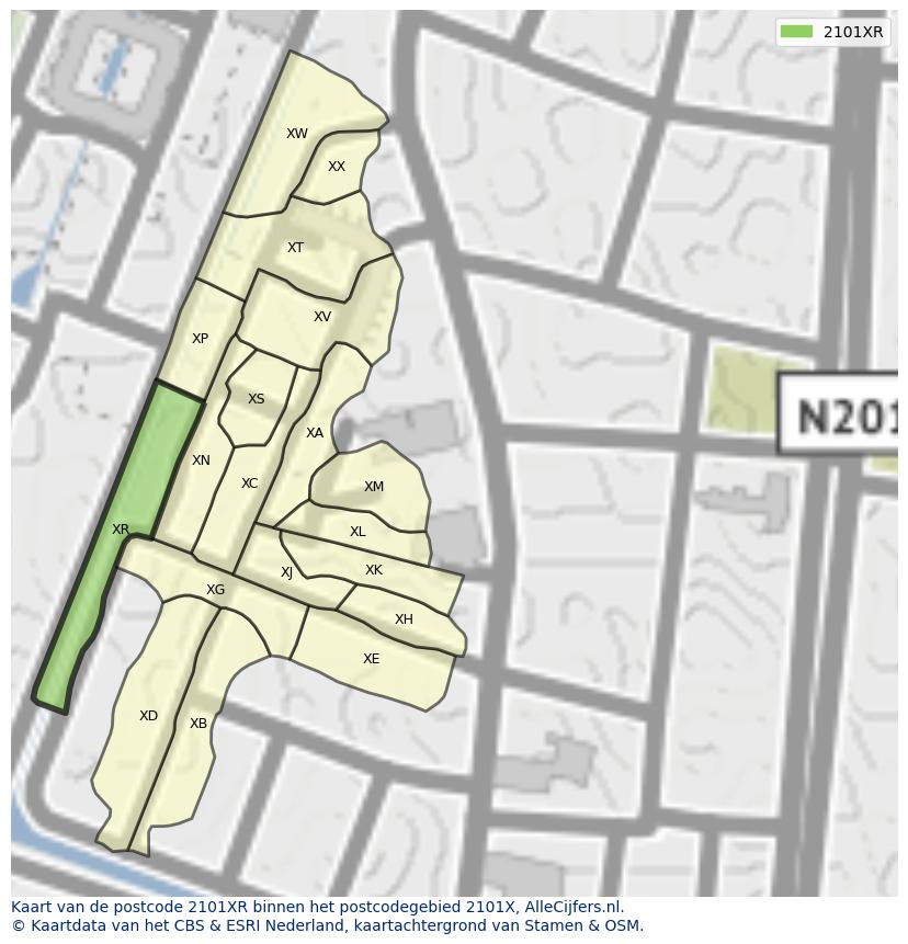 Afbeelding van het postcodegebied 2101 XR op de kaart.