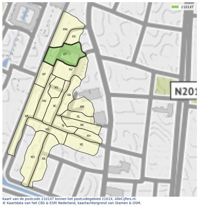 Afbeelding van het postcodegebied 2101 XT op de kaart.