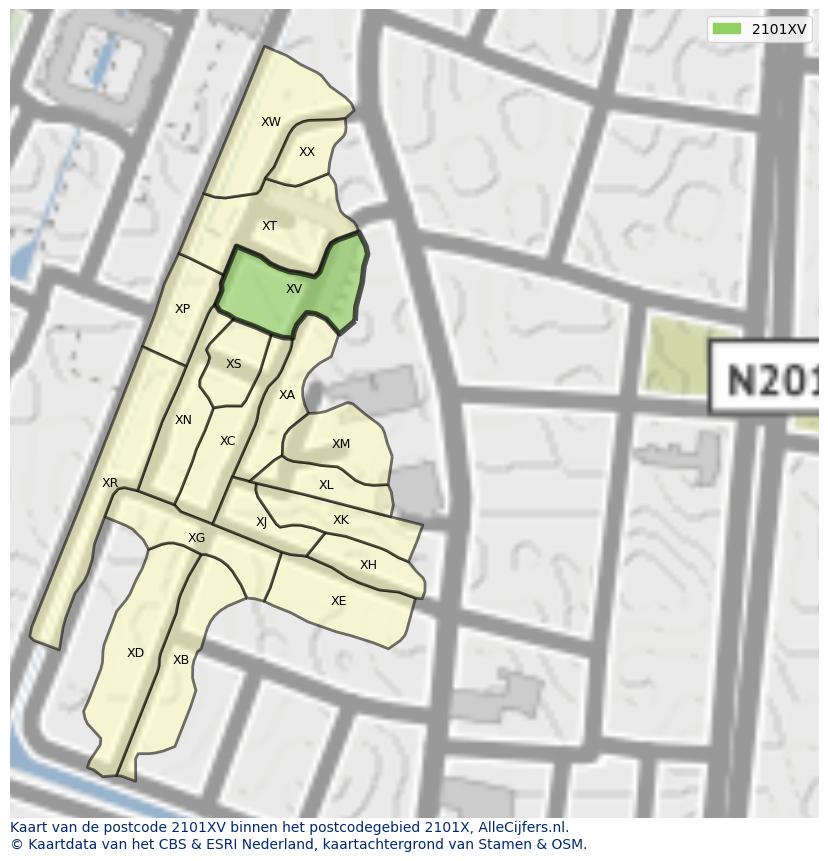 Afbeelding van het postcodegebied 2101 XV op de kaart.