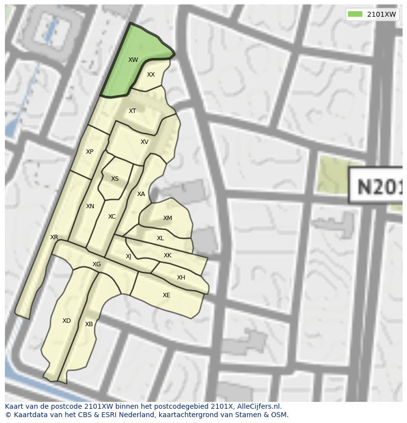 Afbeelding van het postcodegebied 2101 XW op de kaart.