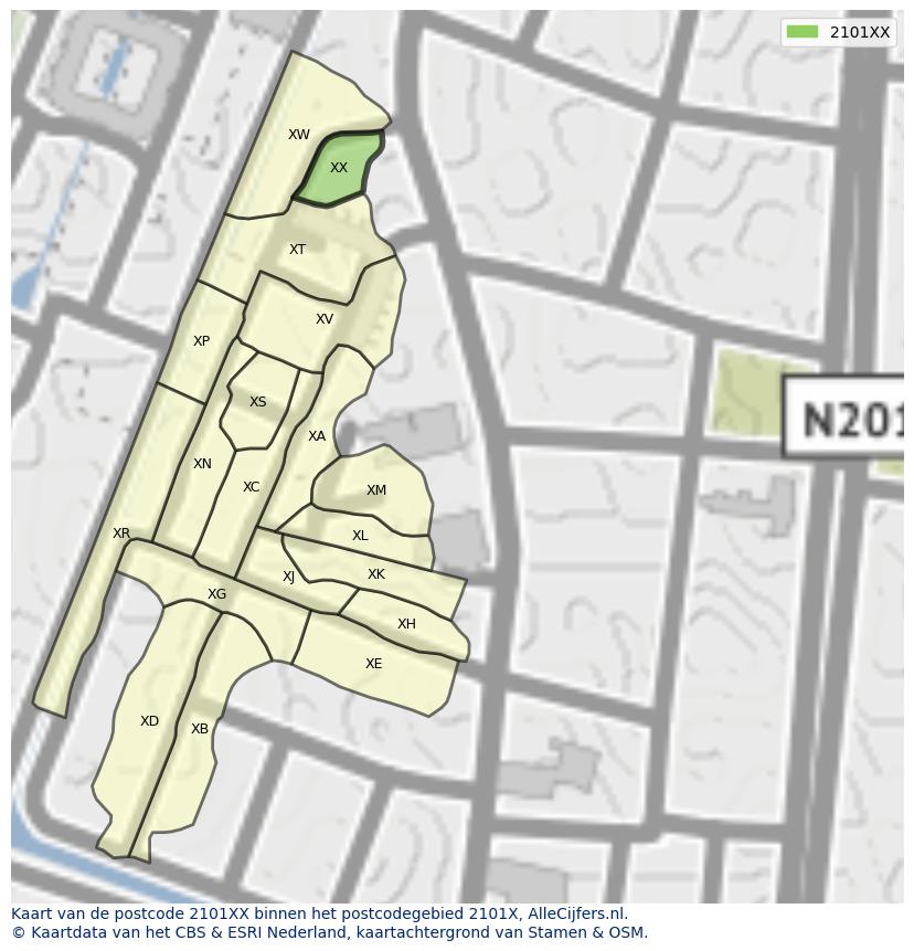 Afbeelding van het postcodegebied 2101 XX op de kaart.