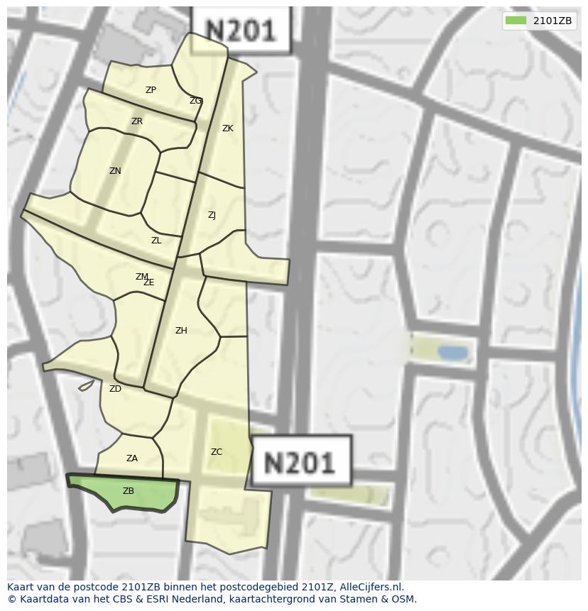 Afbeelding van het postcodegebied 2101 ZB op de kaart.