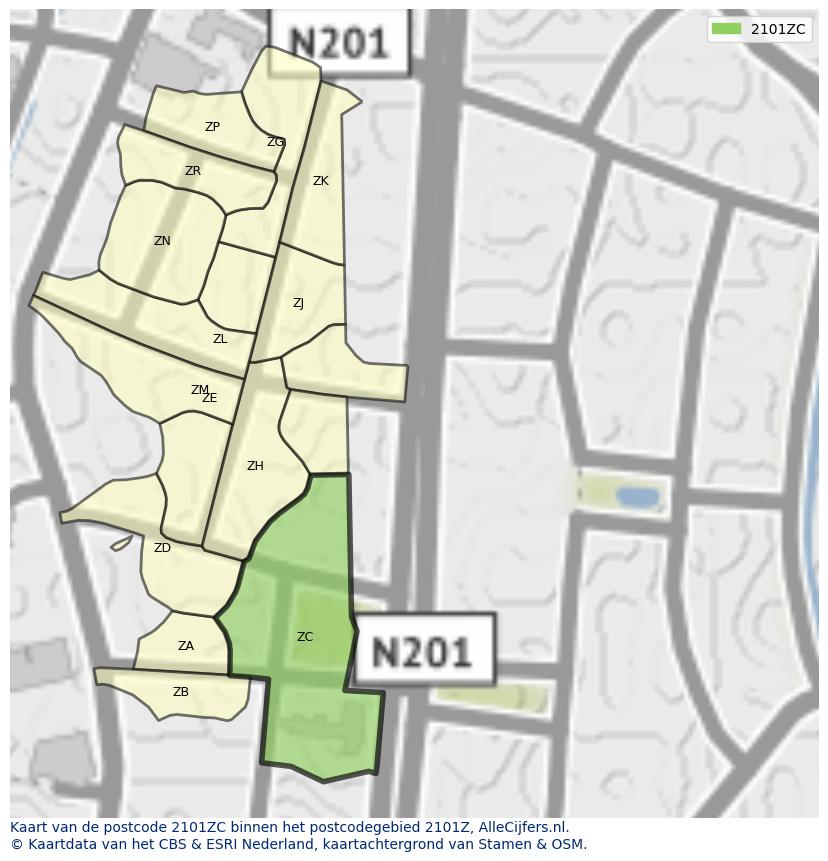 Afbeelding van het postcodegebied 2101 ZC op de kaart.