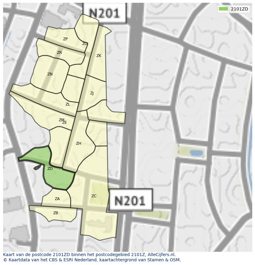 Afbeelding van het postcodegebied 2101 ZD op de kaart.