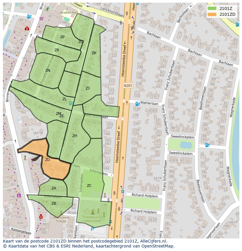 Afbeelding van het postcodegebied 2101 ZD op de kaart.