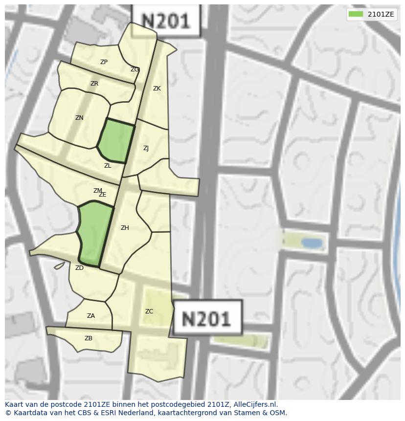 Afbeelding van het postcodegebied 2101 ZE op de kaart.