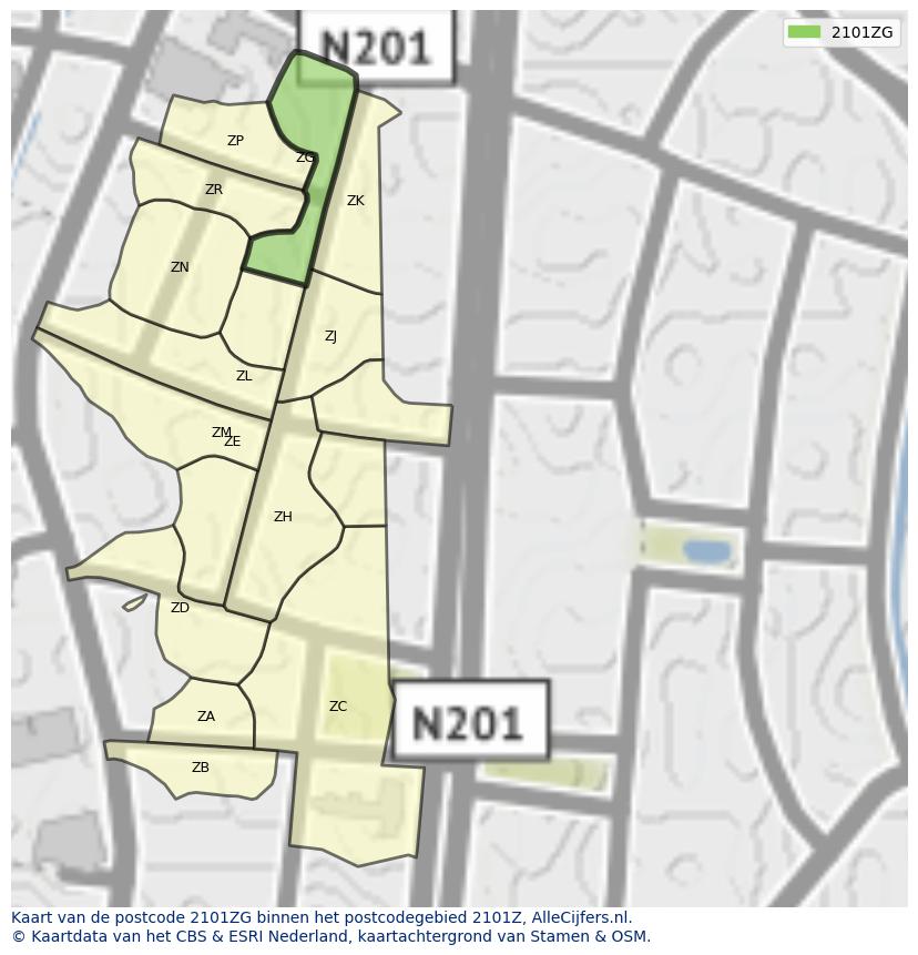 Afbeelding van het postcodegebied 2101 ZG op de kaart.
